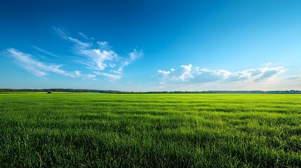 Obraz premium Expansive Green Meadow Under a Vast Blue Sky Serene Idyllic Countryside Landscape