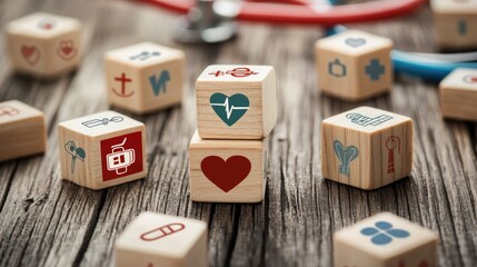 Health insurance concept with wood cubes featuring healthcare icons, arranged on a wooden background with room for a message.