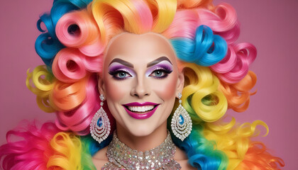 Fototapeta premium Vibrant and Joyful Drag Queen Close-Up Stunning Caucasian Performer with Glamorous Makeup and Accessories Studio-Lit Commercial Shoot for Bold Artistic Expression