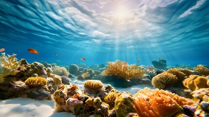 Fototapeta premium Underwater Coral Reef with Sunbeams.