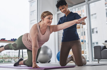 Physiotherapy, woman and stretching for exercise, wellness and balance in rehabilitation clinic....