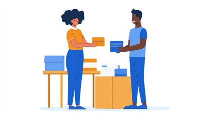 Obraz premium Smiling Diverse Couple Exchanging Packages at a Counter