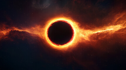 Naklejka premium black hole surrounded by a fiery accretion disk, dark, circular void, surrounded by a swirling, luminous ring of plasma and gas, ablaze with intense energy, radiating outward in fiery tendrils