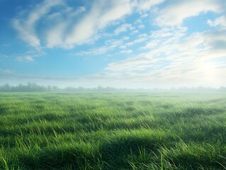 Obraz premium Early Morning Tranquil Green Meadow with Picturesque Blue Sky and Wispy Clouds