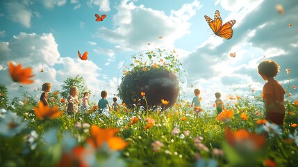 3D model of children playing in a field with a clean earth in the center, surrounded by flowers and butterflies