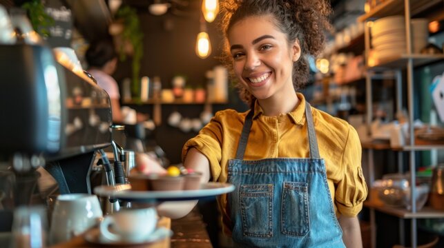 The smiling barista in cafe - Powered by Adobe