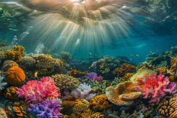 Naklejka premium Colorful underwater scene with vibrant coral reefs and sun rays. Conceptual image of marine beauty. Vibrant digital art perfect for nature lovers and environmental topics. Generative AI