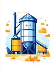 Naklejka premium Modern Flat Icon of Silo with Conveyor System | Simplified Design | Bulk Grain Storage & Transport | High-Resolution Stock Image | Agricultural Infrastructure | Contrasting Colors, Side Angle View