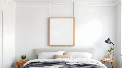 A mockup of a blank square photo frame hanging in the middle of bedroom. In the background is modern, minimalism, eco-friendly decoration wall in the middle of bedroom. 