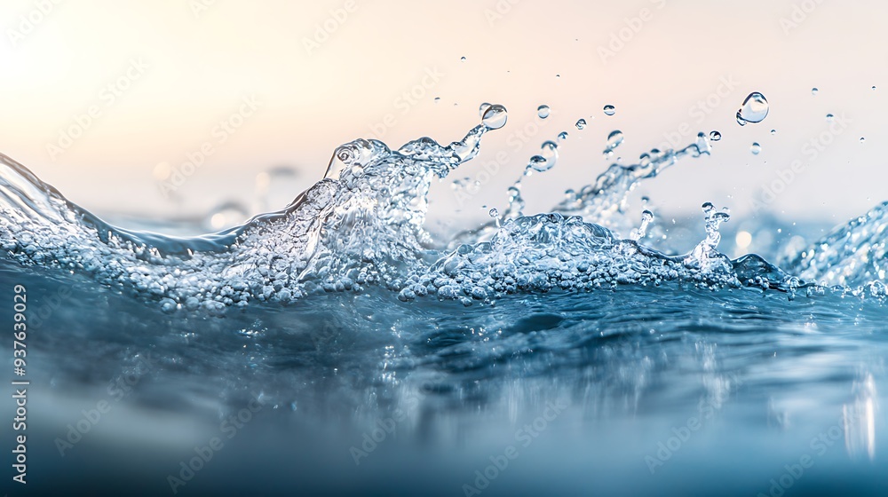 Wall mural smooth water flow forming a wave with bubbles floating gently beneath the surface, evoking purity an