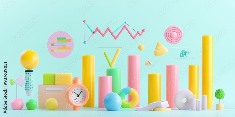 Poster d colorful abstract shapes geometric shapes bar charts clock minimalist background graphic design