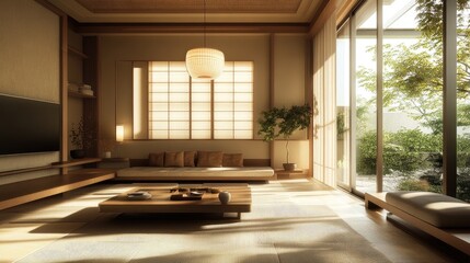 Modern living room with Japanese design influences, including clean lines, low furniture, and a calming atmosphere.