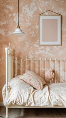 Rustic Chic Bedroom Mockup: A cozy and inviting bedroom interior with a vintage vibe featuring a single bed with a floral bedspread, a framed picture mockup, and a rustic pendant lamp. This image evok