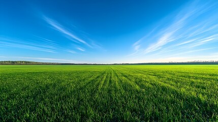 Obraz premium Lush Green Meadow Under Picturesque Blue Sky with Wispy Clouds