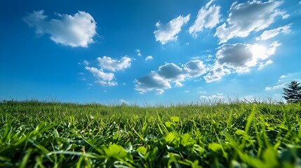 Expansive green meadow under a bright blue sky with fluffy white clouds on a peaceful tranquil morning