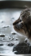 Obraz premium Close-up of a cat's face drinking water with ripples and bubbles.