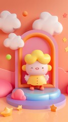 Obraz premium 3D Cheerful Character in a Colorful World: A joyful, 3D animated character with yellow hair and a raincoat, standing in a whimsical scene with clouds, stars, and a rainbow archway. A vibrant illustra