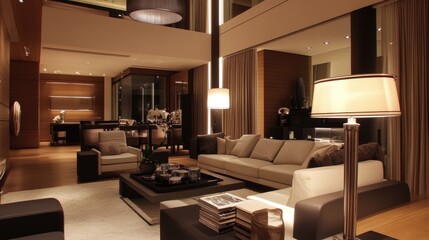 Modern living room with sleek furniture, accentuated by stylish floor lamps and pendant lights, creating a warm and inviting ambiance.