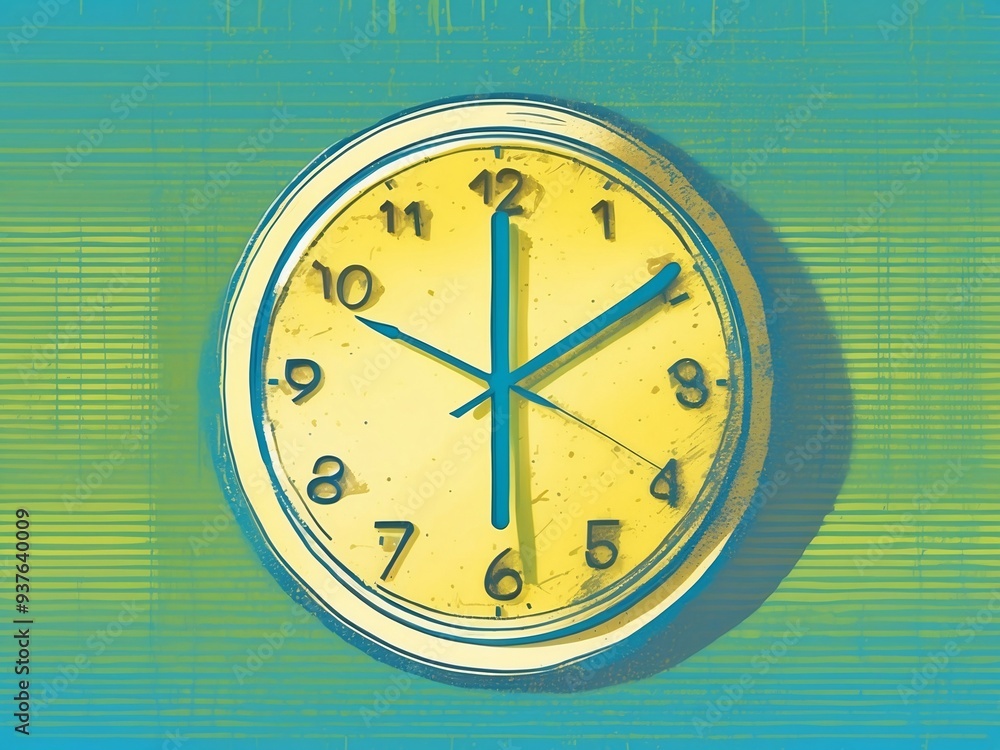 Poster an illustration of a digital clock showing the time in a minimalist screen print