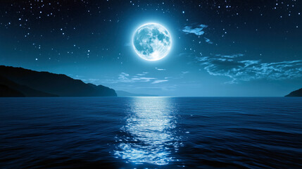Full moon shining over a calm ocean at night with mountains in the background