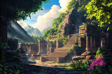 Obraz premium Ancient Stone Temple Ruins Overgrown with Lush Greenery