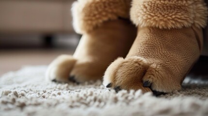 Close up of a fluffy dog's paws resting on a soft carpet.
