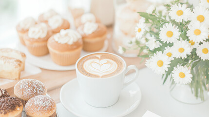 On the left side, there is a large window letting in natural light. In front of the window, there is a cup of coffee with heart-shaped latte art next to some beautifully arranged desserts.