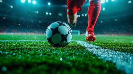 Close-up of a soccer ball on the grass, a player in the background is preparing to kick it. Sports concept.