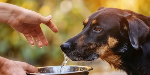 Close-up of a dog drinking water from a bowl, with a hand reaching out in the background.