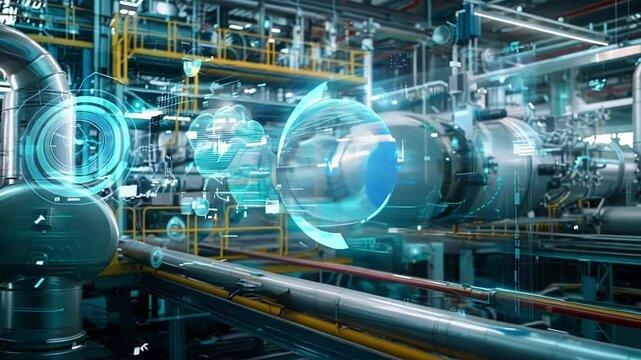 Futuristic look at a modern industrial manufacturing facility utilizing augmented reality software to improve production and operational efficiency
