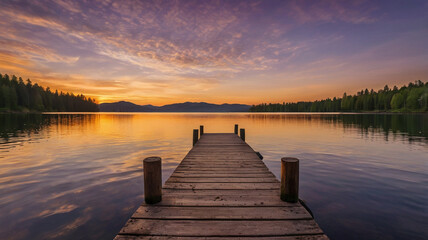 Fototapeta premium Peaceful lake scene at sunset with warm hues reflecting on still water, framed by trees and distant mountains