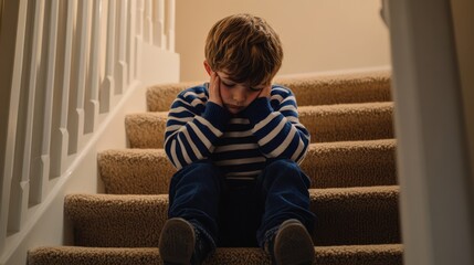 The sad boy on stairs