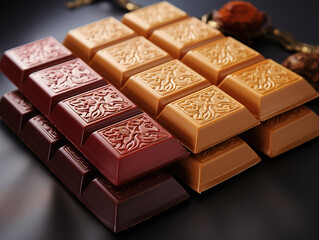 Top view of milk chocolate bar and chocolate bars in foil, chocolate bar top view isolated