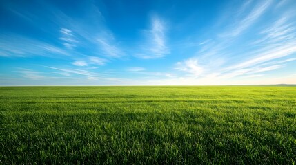 Fototapeta premium Serene Early Morning Landscape with Vast Green Meadow Under Bright Blue Sky with Wispy Clouds
