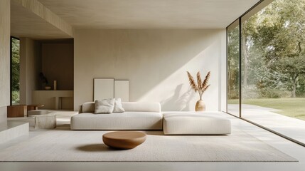 Fototapeta premium Sleek minimalist living room with a modern aesthetic, featuring a comfortable sofa, minimal decor, and a light, open space.