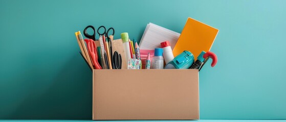 Colorful School Supplies in a Box on a Teal Background