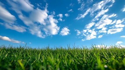 Fototapeta premium Early Morning Scenic Landscape with Blue Sky Clouds and Green Grass Field