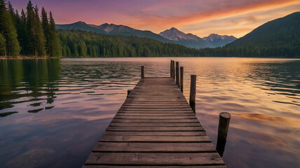 Tranquil lake at sunset with vibrant orange and purple skies, calm water, and a wooden pier surrounded by nature