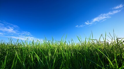 Fototapeta premium Early morning tranquil green meadow with clear blue sky