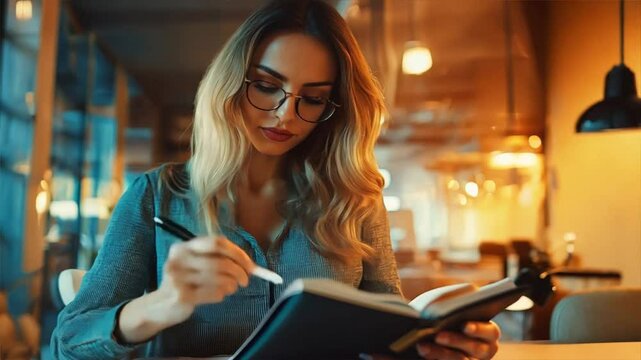 Woman wearing glasses focused on writing in a notebook, sitting in a modern cafe with ambient lighting.