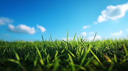 Fototapeta premium Early Morning Peaceful Landscape with Clear Blue Sky and Lush Green Field