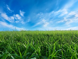 Obraz premium Expansive Lush Green Meadow Under Vibrant Blue Sky with Wispy White Clouds