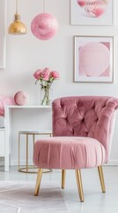 Pink Bliss: A plush velvet armchair invites relaxation in a chic, feminine interior adorned with gold accents and delicate floral touches. 