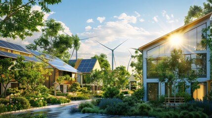 Fototapeta premium Idyllic eco-friendly residential area filled with greenery, renewable energy sources, and modern houses under a clear, sunny sky.