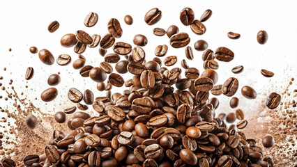 Obraz premium Dynamic coffee bean cluster with a splash of grounds. Roasted coffee beans suspended in mid-air, bursting transparent background 