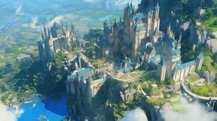 Fototapeta premium A fantasy aerial view of a large castle nestled on a mountain overlooking a vast landscape.