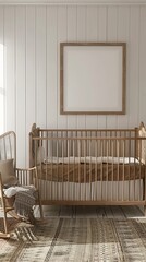 Rustic Nursery with Empty Frame: A cozy and inviting nursery with a rustic aesthetic features a crib, rocking chair, and a large empty frame, perfect for showcasing your own design. The soft lighting 