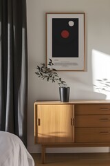 Minimalist film poster design within an elegant wooden frame  AI generated illustration