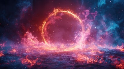 Obraz premium Golden splash or glittering spangles round frame with empty center for text. Gold circle made of tiny uneven dots abstract background. Golden blobs textured round frame on black backdrop.