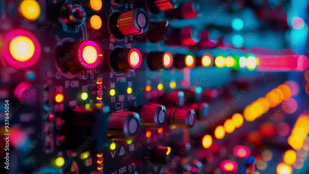 Aufkleber close up of illuminated control panel in a recording studio, adjusting audio mixing board for song r